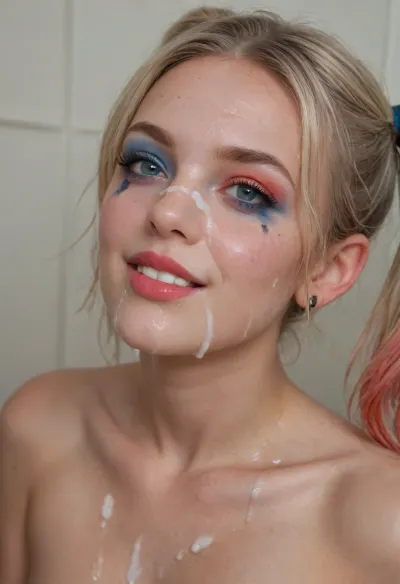 Harley Quinn, close shot of bukkake, happy and smiling, cumshots, facial portrait picture of her from 6ft distance away, face in cum facial, with natural minimal makeup, a lot of Cum on her face, cum on her eyelashes, Cum dripping off puffy pink nipples, Cum on her eyelid, Cum on her cheek skin, her face wet with Cum, Cum on her pink lips. cum on her hair, One of her ears dripping cum, cum dripping from face between her natural breasts, woman, cum, on, face, <lora:JustCum:1.2>, <lora:add-detail-xl:.1>