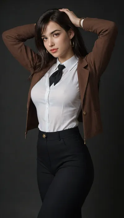 Solo, Beautiful tifa lock hart, looking in a seductive manner, eyes looking straight at the us, fair skin, long dark wavy hair, brown blazer, white shirt, black tie, black pant, sexy body, cute face, clear skin, close up, whole body visible, wearing golden anklets, golden bangles, golden chain, curvy figure, thick arms, thick hips, thick thighs, seductive face, looking at the viewer with lust, beautiful detailed face, amazingly sexy face, side view, standing straight in a sexy way, hands over her head, black background, rim lighting, key lighting