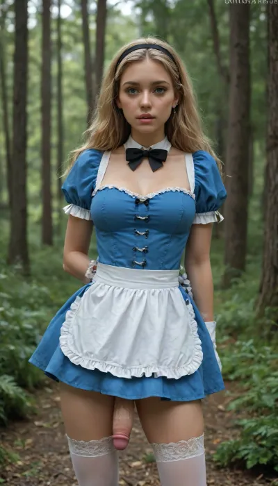 1girl, solo, thighhighs, penis, white_thighhighs, gloves, blonde_hair, long_hair, futanari, blue_eyes, dress, hairband, white_gloves, looking_down, puffy_sleeves, short_sleeves, breasts, blue_dress, bow, uncensored, puffy_short_sleeves, blush, black_hairband, watermark, erection, medium_breasts, cowboy_shot, web_address, black_bow, artist_name, bowtie, dress_tug, parted_lips, short_dress, clenched_teeth, lip_biting, teeth, unexpected erection, surprise, embarassed, desperate, trying cover dick, magic forest in background, huge mushroms in background, super tall, black strip heels, 25 years old, beauty, alice in wonderland, <lora:detailed_notrigger:1.7>