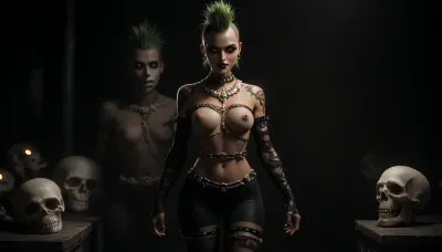 1girl solo, (23y.o gorgeous latina:1.5), beautiful face, black eyeliner, black lipstick, gothic girl, tattoos, macabre, (black and green spiked mohawk:1.3), 12 inch hair spikes, nude, (black lace thigh high leggings:1.1), (black lace arm sleeves:1.1), (waist chain with skulls:1.3), thick black leather choker with small chain attached, (small natural perky tits:1.5), large erect nipples, nipple rings, (pubic hair:1.1), (underground catacomb:1.8), (glowing red eyes in the background:1.3), dim ambient lighting, eerie atmosphere, full body view, dark color palette, intricate detail, best quality, extreme detail, award winning photography, extreme photorealism, H0t, G0th1c, 1girl, lipstick, female, piercing, underground, overfit, style, (overfit, style:2), (style:4), PUT, OVERFIT, STYLE, IN, NEGATIVE, PROMPT>, <lora:dark:1.4>, <lora:Hot_Gothic:1.8>, <lora:EasyFix:2>