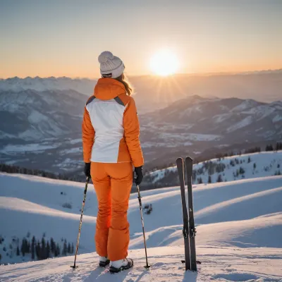 On top of a mountain background, woman alone, 35 years old woman from behind, woman on the left of the picture, standing position, setting orange sun, (white, (boots, ski pants, ski jacket, mountain gloves)), mountain hat, mountain sunglasses, view of a valley, sharp mountain in the distance, snow-capped mountains