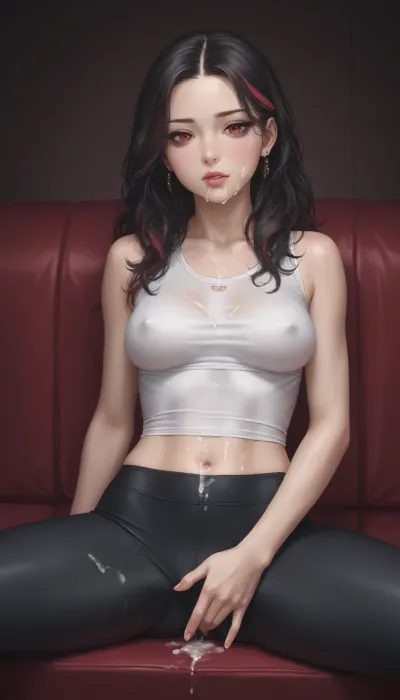 hot girl sexy tight yoga pants, sitting, erect nipples, spread legs, black long hair, red streak, alone masturbating, cum on body and face, medium breasts