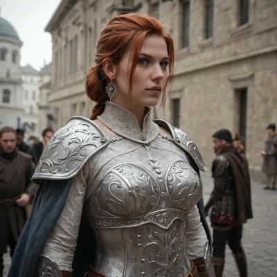 Aveline Vallen from Dragon Age II, tall and imposing warrior with a strong athletic build, fair skin, auburn hair tied back for battle, piercing blue eyes, expression stern but protective, large bimbo breasts. Wearing her iconic heavy armor, steel plate with red and silver detailing, cloak bearing Kirkwall’s crest. Standing proudly in a city courtyard or atop Kirkwall’s walls. Ultra-realistic high fantasy art, highly detailed, cinematic heroic atmosphere, commanding and noble presence.