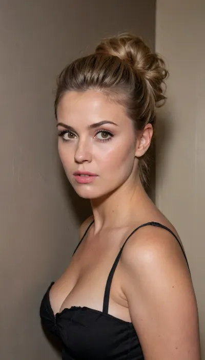 POV, naked, (breast focus:1.4), ((furrowed brow:1.5), looking at viewer, ((face focus)), an insanely hot curvy innocent-looking 23yo housewife against wall in bedroom, ((pushed back flat)), ((view in front)), ((dark blonde messy updo beehive haircut)), (((Her head is thrown back against the wall with the back of her head))), ((full-face view))), (massive breasts:1.3), <lora:chest_adjust:1.3>