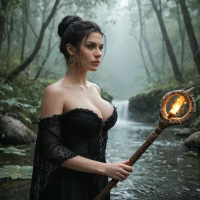 Morrigan from Dragon Age, beautiful and enigmatic apostate mage, tall and slender with an elegant yet dangerous aura. Pale flawless skin, piercing golden eyes, long raven-black hair tied back loosely with strands framing her face, expression sly and calculating, large bimbo breasts. Wearing her iconic dark and revealing apostate robes with deep neckline, layered leather and feathers, adorned with tribal jewelry and magical trinkets. Surrounded by a faint aura of arcane energy, holding a glowing magical staff. Standing in a dark swampy forest under moonlight, heavy fog, crows circling in the background. Ultra-realistic high fantasy art, highly detailed, cinematic dark mystical atmosphere.