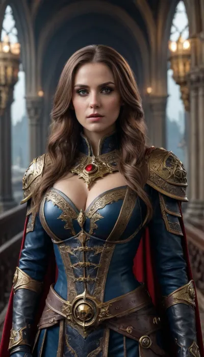 Beautiful female Rogue Trader from Warhammer 40k, tall and commanding with an aura of nobility and danger. Elegant yet battle-ready build, pale flawless skin, piercing eyes filled with ambition, long flowing hair styled regally, large bimbo breasts. Wearing ornate voidsuit or high gothic coat with gilded trim, decorated with purity seals, rosettes, and aquila insignia. Standing confidently on the bridge of a massive voidship. Surrounded by gothic starship architecture, stained glass, servo-skulls, cogitators, and banners of the Imperium. Ultra-realistic grimdark gothic sci-fi art, highly detailed, cinematic lighting, atmosphere of wealth, faith, and ruthless power.