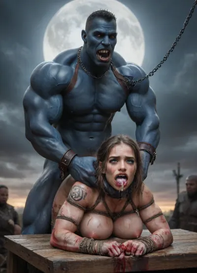 female drow elf barbarian, (dark night blue skin:1.82), tall, angry, busty, curvy, thin waist, big boobs, big butt, slim, athletic, fit, vitiligo, strong, fur pelt armor, dungeons and dragons, purplish blue skin, black and purple hair, Dark, Elf, Warrior, Drow, tattooed, scarred, purple eyes, uberfit, muscular, blue skin, amazon, giant, fur barbarian armor, bloody, blood spatter, bear, bear heart, (in a bloody filed after a battle, white full moon in the sky:1.4), (man is choking her from behind:1.4), ((hogtied, bound with large chains, tied to a torture table:1.3)), cock in mouth, (brutal face fuck), Blowjob, (tears in eyes:1.5), (running makeup), (cum drips from nose:1.3), (cum drips from mouth:1.3), ultra hd, photorealistic, hyper gigantic large black cock in mouth, (((hyper gigantic large black cock in mouth:1.3))), oral cream pie, hair grab, sad, sad crying, tongue out, gasping for air, zavy-brbrn, gangbang, double anal penetration, anal spitroast, groupsex, deepthroat, (4 gigantic African black brute thug, huge trunklike arms, huge head, hyper muscular body, dressed in slave clothes:1.2), ((hogtied, bound for sex, tied up)), (((hyper gigantic large white cock in mouth:1.3))), (pulled nipples:1.2), nipple clamps, (((spitroast))), (((hyper large cock in mouth:1.3))), screaming, shocked, deep anal penetration, Uber realistic, 8k, ultra detailed, masterpiece, arched back, detailxl, 35mm photograph, film, professional, 4k, 1girl, 5 boys, hdr, photographic, ultra realistic, ultra high details, back light, (front view), (dynamic pose), best quality, incredibly lean body, anal sex, with large muscular black men, gargantuan black cocks, anal sex expansion, large hyper muscular fat old men, (double anal sex), swollen white veiny cocks, (double anal penetration), hardcore double penetration, proper physics, big white cocks, muscular white double anal gangbang, (forceful penetrations), extremely graphic, shocked expression, beautiful hands, massive cum in ass defeating a woman in combat, fighting, killing, blood, winning fight, magazine cover, Realism_Quality_2xx_By_Stable_Yogi, score_9, score_8_up, score_7_up, (((very pretty face:1.3))), (((extremely ultra detailed face:1.3))), perfect fingers and hands, upper body view, (extreme size difference:1.6), (ultra realistic), (maximum quality), (high resolution), (extreme detail), (ultra realism), UHD, super high quality, highly detailed, high resolution, perfect lighting, natural lighting, (dynamic angle), (random angle), (random pose), (dynamic view), (random view), volumetric lighting, golden hour lighting, dramatic shadows, rich details, nature-inspired color palette, <lora:Dark_Elf_Warrior:2>, <lora:Drow:2>, <lora:339100_training_data:2>, <lora:uberfit_lora_sdxl:2>, <lora:zavy-brbrn-sdxl:2>