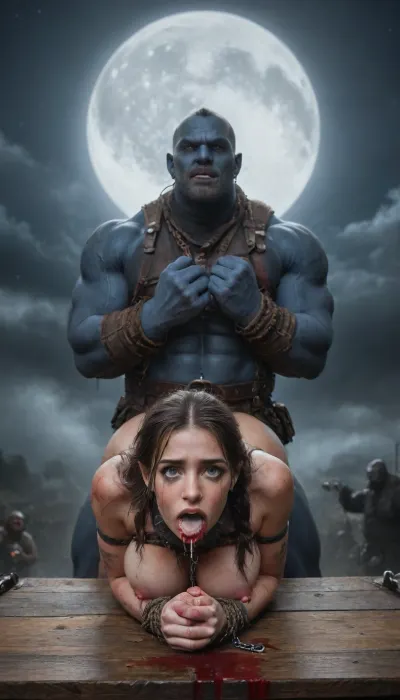 female drow elf barbarian, (dark night blue skin:1.82), tall, angry, busty, curvy, thin waist, big boobs, big butt, slim, athletic, fit, vitiligo, strong, fur pelt armor, dungeons and dragons, purplish blue skin, black and purple hair, Dark, Elf, Warrior, Drow, tattooed, scarred, purple eyes, uberfit, muscular, blue skin, amazon, giant, fur barbarian armor, bloody, blood spatter, bear, bear heart, (in a bloody filed after a battle, white full moon in the sky:1.4), (man is choking her from behind:1.4), ((hogtied, bound with large chains, tied to a torture table:1.3)), cock in mouth, (brutal face fuck), Blowjob, (tears in eyes:1.5), (running makeup), (cum drips from nose:1.3), (cum drips from mouth:1.3), ultra hd, photorealistic, hyper gigantic large black cock in mouth, (((hyper gigantic large black cock in mouth:1.3))), oral cream pie, hair grab, sad, sad crying, tongue out, gasping for air, zavy-brbrn, gangbang, double anal penetration, anal spitroast, groupsex, deepthroat, (4 gigantic African black brute thug, huge trunklike arms, huge head, hyper muscular body, dressed in slave clothes:1.2), ((hogtied, bound for sex, tied up)), (((hyper gigantic large white cock in mouth:1.3))), (pulled nipples:1.2), nipple clamps, (((spitroast))), (((hyper large cock in mouth:1.3))), screaming, shocked, deep anal penetration, Uber realistic, 8k, ultra detailed, masterpiece, arched back, detailxl, 35mm photograph, film, professional, 4k, 1girl, 5 boys, hdr, photographic, ultra realistic, ultra high details, back light, (front view), (dynamic pose), best quality, incredibly lean body, anal sex, with large muscular black men, gargantuan black cocks, anal sex expansion, large hyper muscular fat old men, (double anal sex), swollen white veiny cocks, (double anal penetration), hardcore double penetration, proper physics, big white cocks, muscular white double anal gangbang, (forceful penetrations), extremely graphic, shocked expression, beautiful hands, massive cum in ass defeating a woman in combat, fighting, killing, blood, winning fight, magazine cover, Realism_Quality_2xx_By_Stable_Yogi, score_9, score_8_up, score_7_up, (((very pretty face:1.3))), (((extremely ultra detailed face:1.3))), perfect fingers and hands, upper body view, (extreme size difference:1.6), (ultra realistic), (maximum quality), (high resolution), (extreme detail), (ultra realism), UHD, super high quality, highly detailed, high resolution, perfect lighting, natural lighting, (dynamic angle), (random angle), (random pose), (dynamic view), (random view), volumetric lighting, golden hour lighting, dramatic shadows, rich details, nature-inspired color palette, <lora:Dark_Elf_Warrior:1.3>, <lora:Drow:1.3>, <lora:339100_training_data:1.3>, <lora:uberfit_lora_sdxl:1.3>, <lora:zavy-brbrn-sdxl:1.3>