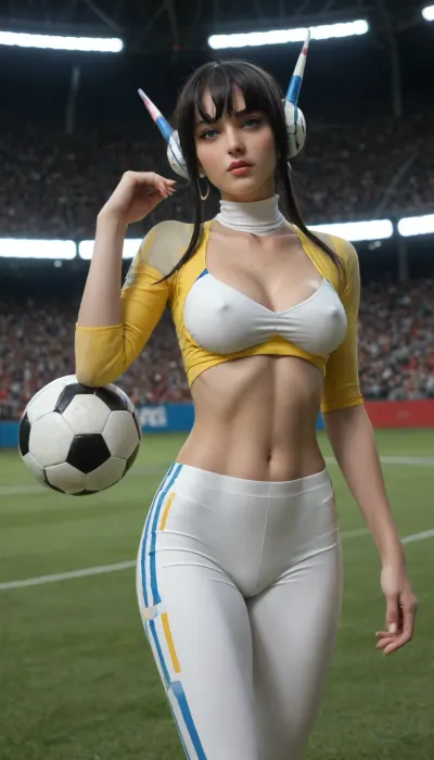 Elesa from pokemon, leggings, turtleneck, lined sketch, dieselpunk, medium breasts, covered nipples, cleavage, hand is rise up, football stadium
