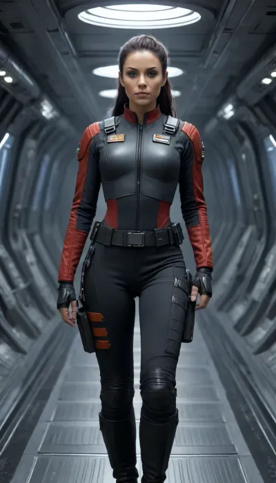 Beautiful female starship captain in a gritty realistic sci-fi universe inspired by The Expanse. Strong and athletic build, determined expression, sharp eyes showing leadership under pressure, large bimbo breasts. Wearing practical belter/UNN/MCRN-inspired starship uniform, dark tactical jumpsuit with utility harness, subtle patches and insignia, sidearm holstered. Tied-back hair, no-nonsense style. Standing on the bridge of a starship, narrow corridors, glowing control panels, exposed piping, zero-g straps and railings. Background of outer space through reinforced windows, stars and distant asteroids. Ultra-realistic hard sci-fi art, highly detailed, cinematic dramatic lighting, tense and commanding atmosphere.