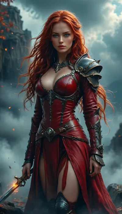 Stunning warrior princess. 30 years old. Long autumn red hair. Red leather clothing. Seductive pose, fantasy mystical setting, mist, cloud, dark, 32k super high quality, ultra realistic, hkstyle, <lora:454069_training_data:1.4>, <lora:Adjust_SDXL_v3.0:1.6>, <lora:MJ52:1.7>, <lora:SDXLFaeTastic2400:1.2>, <lora:hkstyleV5:1.6>