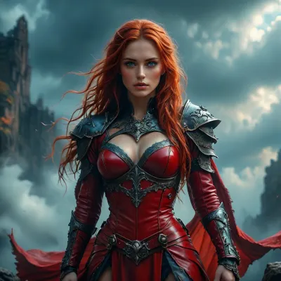 Stunning warrior princess. 30 years old. Long autumn red hair. Red leather clothing. Seductive pose, fantasy mystical setting, mist, cloud, dark, 32k super high quality, ultra realistic, hkstyle, <lora:454069_training_data:1.4>, <lora:Adjust_SDXL_v3.0:1.6>, <lora:MJ52:1.7>, <lora:SDXLFaeTastic2400:1.2>, <lora:hkstyleV5:1.6>