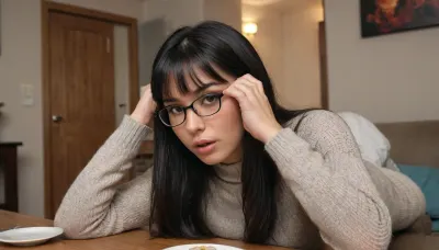 20 years old girl Mica, Mica on her knees, a man's dick on her face, holding her head, Mica is latina, black long hair with bangs, natural eyebrows, slim, glasses, knitted sweater, sucking dick, wideshot, family gathering, at dinner, low lights, sucking, cock, <lora:cockteaseLoRASDXL:.8> 20 years old girl Mica, Mica on her knees, a man's dick on her face, holding her head, Mica is latina, black long hair with bangs, natural eyebrows, slim, glasses, knitted sweater, sucking dick, wideshot, family gathering, at dinner, low lights, sucking, cock, <lora:cockteaseLoRASDXL:.8>