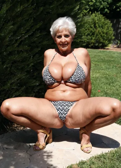 Common stacked grandmother wears tight bikini with larges geometric patterns, uninhibited, exhibitionist, very hot granny, real ordinary grandmother, perfect curvy body, outdoor casting pose, on the ground
High quality photo, photo booth, portrait, close-up