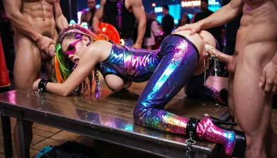 realistic masterpiece, 8K UHD, maximum quality, maximum details, maximum realism, on metal table, rainbow hair, (wrists shackled behind back, ankles shackled to metal table:1.2), top down, bottom up, (anal, deepthroat, gangbang:1.1), (crotchless bodysuit, purple, pink, multicolored, translucent, shiny, high heel boots:1.2), (realistic detailed vagina), night time edm festival, (laser lights), neon colored spot lights, glow sticks, black lights, realistic dark night, sad, cum dripping from pussy, (Endless_Up_SDXL_Neg:1.2), ImgFixerPre0.3, rvst, raver, girl, at, a, festival, in, sunglasses, music, with, glitter, 2017, 2012, party, costume, <lora:rvst:.4>, <lora:RaverGirls_XL_v1-000003:1.3>, <lora:Creat0r_MagicDetailzV2_FIX:1.8>