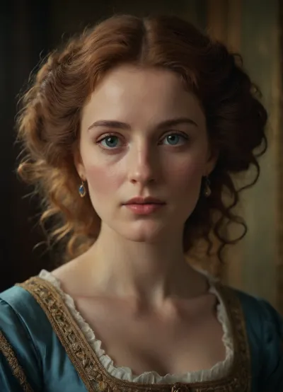 portrait of an English lady of 19th century, detailed face, detailed hair, Boticelli style