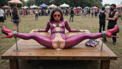 realistic masterpiece, 8K UHD, maximum quality, maximum details, maximum realism, brunette, on table, (wrists shackled spread apart, ankles shackled spread apart, spreadeagle:1.2), (crotchless bodysuit, purple, pink, multicolored, translucent, shiny, high heel boots:1.1), sad, cum dripping from pussy, (Endless_Up_SDXL_Neg:1.2), ImgFixerPre0.3, rvst, raver, girl, at, a, festival, in, sunglasses, music, wearing, mask, with, glitter, 2017, 2012, party, costume, <lora:rvst:.9>, <lora:RaverGirls_XL_v1-000003:.9>