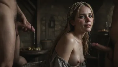 ((gangbang porn scene)), ((anal sex:1.7)), ((facial)), ((wide shot:2)), ((side view:1.6)), medieval theme, tavern, drinking, debauchery, ((hairy mature natural tall slender curvy woman)), ((small breasts)), ((no makeup)), ((blushed face)), ((blonde hair)), ((very much cum on face:1.7)), ((cum dripping from chin)), (white sticky cum), (lewd horny joyful expression:1.3), ((looking at viewer inviting)), (eyes wide open), smut, filth, (medieval dress ripped and torn:1.3), breasts exposed, ((cum on breasts dripping from nipples)), ((cum on dress)), ((cum on back dripping down:1.3)), (cum in hair:1.4), stretchmarks, pimples, wet hair, wet body, shiny skin, sweaty, <lora:dark:.1>