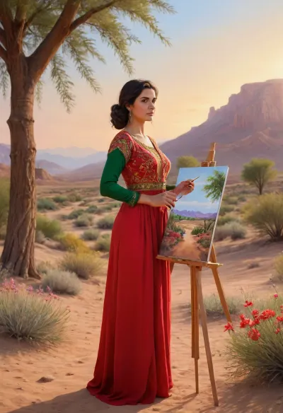 A iranian woman in traditional dress, (red, green, flowing, embroidery garments that catch the warm, golden light of the setting sun.), standing in a vast desert panorama at sunset, actively painting a vibrant and lush Garden of Eden scene, (The Garden of Eden painting depicts rich greenery, blooming flowers, exotic trees, and gentle animal, swiss panorama, daylight, oil painting), on a large canvas set on an easel . Around her, the desert stretches endlessly with soft sand dunes and sparse vegetation, contrasting sharply with the vivid, colorful paradise she is creating on the canvas. The sky is a dramatic blend of oranges, pinks, and purples, casting long shadows and a serene glow over the scene. The composition captures the contrast between the barren desert and the flourishing garden in the artwork, emphasizing themes of creativity, hope, and transformation. The style is of hyperrealism, with meticulous detail in both the desert environment and the painted Garden of Eden, creating a visually striking and emotionally evocative image. The framing is a wide-angle view that encompasses both the woman artist and the expansive desert, with a focus at the glowing canvas she is bringing to life. The mood is contemplative and inspiring Solo, detailxl, Artist, painter, big breast, Black hair, tanned, golden hour, paint, detailed, skin, blemish, flux-scenery, <lora:706606_training_data:.8>, <lora:add-detail-xl:.8>, golden, hour, sunset, sunrise, <lora:polyhedron_golden_hour_000006:.8>