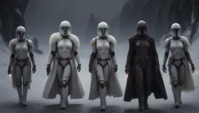 photorealistic, sci fi, star wars, (planet Hoth:1.8), (black snow-capped mountains in Hoth), (walking towards a ruined ship), fullbody, 3 french woman, 3 men, (white luminous eyes:1.8), runing, extreme length braided white hair, (droid skin:2.1), armour, android, ((Dark Mandalorian:1.8)), (ciber templar:1.3), artiangel, (wearing a thick coat with white animal fur:1.8), white long lightsaber in right hand, (straight lightsaber:1.8), very, long, hair, hanging, dynamic, on, ground, bun, cover, General, Obi-Wan, Kenobi, cyber, templar, (side view), <lora:554328_training_data:.5>, <lora:verylonghairv2:.5>, <lora:565986_training_data:1.6>, <lora:CyberTemplarXL:1.2>