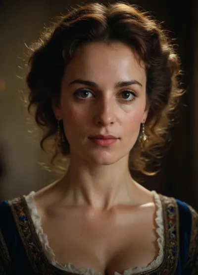 portrait of an French lady 40-years old of 14th century, detailed face, detailed hair, cleavage, Chagal style