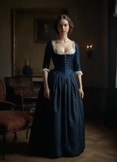 full body of a French lady 40-years old of 19th century, detailed face, detailed hair, cleavage, Vermeer style