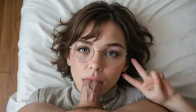 Submissive girl laid down on bed, girl's head on the bed, viewer above her, deepthroat from above. epic detail, shot on kodak, 35mm photo, sharp focus, high budget, cinemascope, moody, epic, gorgeous, film grain, grainy, score_9, score_8_up, score_7_up, explicit, blowjob, POV, submissive, big_eyes, deepthroat, saliva, gagging, cinematic, slobber, girl has short hair with short straight bangs, wears round glasses, nerdy look, knitted sweater, very tired eyes, soft tits, peace sign, smiling, upview Submissive girl laid down on bed, girl's head on the bed, viewer above her, deepthroat from above. epic detail, shot on kodak, 35mm photo, sharp focus, high budget, cinemascope, moody, epic, gorgeous, film grain, grainy, score_9, score_8_up, score_7_up, explicit, blowjob, POV, submissive, big_eyes, deepthroat, saliva, gagging, cinematic, slobber, girl has short hair with short straight bangs, wears round glasses, nerdy look, knitted sweater, very tired eyes, soft tits, peace sign, smiling, upview