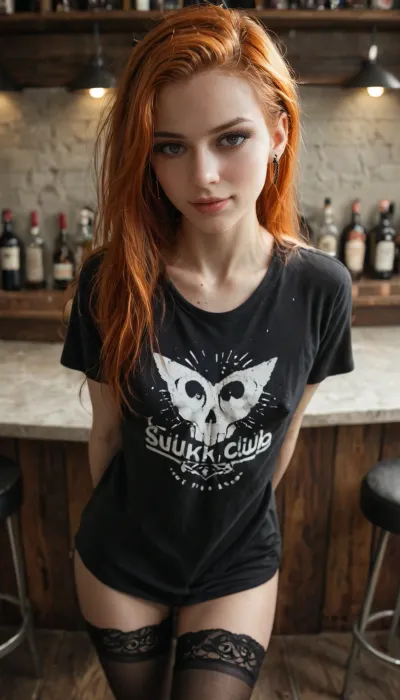 score_9, score_8_up, score_8, score_7_up, score_7, Expressiveh, masterpiece, best quality, raw photoshoot, dynamic lighting, volumetric lighting, cinematic lighting, depth of field, BREAK 1 young emo ginger haircut woman, perfect eyes, 1 girl, (small breasts), perfect hands, (bedroom), (very voluminous ginger hair), (black very long t-shirt:1.2), oversized black t shirt, (black lace garter thighhigh stockings), sggirl, emo, pale, cold, lighting, BREAK detailed face, sexy face, naughty face, detailed eyes, adorable eyes, feminine thin eyebrows, BREAK perfect hands, detailed hands, perfect fingers, detailed fingers, BREAK shy, eager look, seductive smirk, BREAK standing, arms behind back, looking at viewer, BREAK nipples slip, BREAK solo, front view, high angle, face focus, close up, BREAK night club background, indoor, modern, bar, bar counter, detailed background, <lora:SG_emo_girl_SDXL:.7>