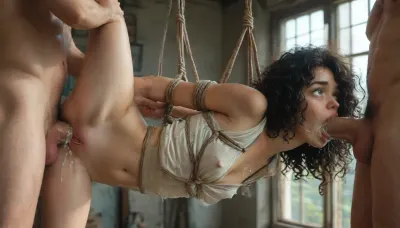 (((Beautiful 30 year arab woman with pretty horny face))), ((An insanely hot with small breasts innocent-looking woman)), perfect body, (black curly hair:2), ((small boobs)), wild messy hair, full body, ((extremely skinny)), cleavage, surprised, perfect skin, ponytail, perfect round butt, smooth skin, green eyes, erected nipples, very small erected atria, realistic, small hips, score_9, score_8_up, score_7_up, absurd_res, hi_res, anime_source, realistic faces, detailed faces, realistic pussy, detailed pussy, perfect legs, perfect fingers, perfect anatomy, perfect composition of lights and shadows, dynamic, the brightest image, clear focus, pussy_juice, realistic fluids, exhausted, rolling_eyes, detailed face, intricate details, hyperdetailed, very aesthetic, motion_lines, ((Suspension shibari rough sex, deep anal penetration by a man)), (girl does horizontal splits:1), (cum driping down from her gape pussy:1.1), cum on her body, looking with a big smile, laughing, photorealistic, high details, UHD 8K, fine eye details, masterpiece, cinematic masterpiece, maximum details, maximum quality, maximum realism, award winning photo, extremely detailed face, (wide expressive emerald-green eyes:1.3), detailed with reflective highlights, (long curled dark eyelashes:1.2), (delicately arched golden eyebrows:1.2), deepthroat, throatfuck, veiny throbbing white cock, huge girthy white dick, cock stuffed down throat, holding head while fucking her mouth, drooling while choking, choking on cock, tearfilled eyes while deepthroating cock, hyper wide cock, massive cockhead dripping cum, cumshot inside mouth, penis on head, penis awe, penis worship, hyper veiny penis, cum covered face, anal spitroast, gagging on cock, screaming, shocked, tearful, huge penis penetrating anus, rough sex, hands on waist, deep anal penetration, deep throat penetration, huge veined cock, hyper cock in anus, in colorful bedroom with and posters, anatomically correct, (pigtails:1.3), underboob, spitroast, cum explosion, post orgasm, last orgasm, shot from below, Uber realistic, 8k, ultra detailed, arched back, ((Ultimate realistic photo details)), (((dynamic sexy pose))), (((bright sunlight))), detailxl, large, breasts, big, boobs, huge, tits, 35mm photograph, film, professional, 4k, highly detailed, woman on knees, 1girl, 5 boys, hdr, photographic, ultra realistic, (front view), (dynamic pose), best quality, high resolution, flatchested anal sex, with large muscular black men, gargantuan black cocks, anal sex expansion, ravenous hyper sex, large hyper muscular black men, (enlarged gaping rectum), oral cream pie, interracial gangbang, (interracial sex), swollen black veiny cocks, (double anal penetration), hardcore double penetration, big black cocks, muscular black interracial gangbang, (forceful penetrations), <lora:add-detail-xl:.6>, <lora:BUT_SDXL_SHS:.5>, <lora:MJ52:.8>, <lora:ContainmentTubeXL:1.2>, <lora:sexmachine_XL_0_:.9>