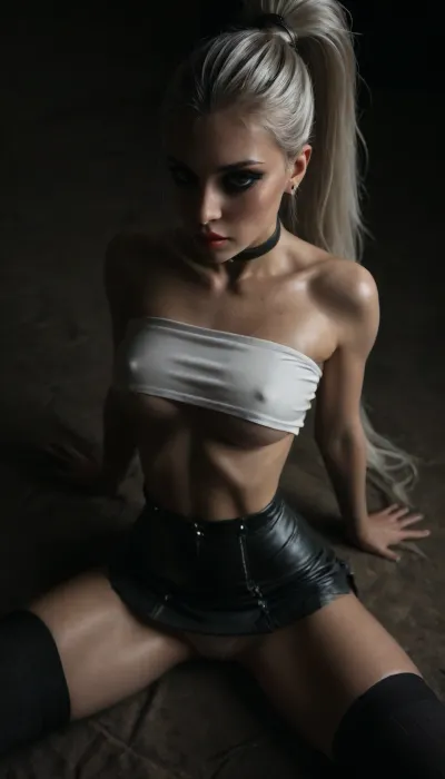 (score_7_up, score_8_up, score_9, 1girl, solo, masterpiece), oiled skin, (horny face:1.3), ((long white ponytail:1.5)), ((black leather micro skirt)), 18yo girl, (athletic skin body), (narrow waist:1.4), ((hip gap)), ziprealism, (white tube-top with underboob), erected nipples, black choker, ((sitting into the cinema)), (white g-strings), ((leather striped thigh high socks)), (view from above:2), (black background, chiaroscuro lighting:.5), (makeup:1.8), (spread her legs:1.4), (pussy cameltoe:.9), <lora:sunnyrayyxo_v1_SDXLBase:.4>, <lora:dark:.4>