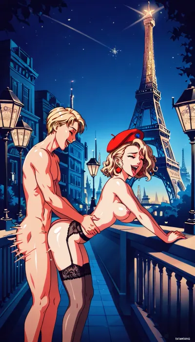 80s anime style, Flat colors, illustration of a nude French girl in tilted beret showing her ass on baroque hotel balcony, bending over, ass back, intense standing doggystyle sex, fast movement, motion blur, bouncing breasts, knee bent, man groping her ass, laughing, garter belt, lace stockings, Paris, Eiffel tower, night, street lights, lineart, line, art, flat, colors, color, <lora:outline_xl_kohaku_delta_spv5x:.8>, <lora:lineartSDXL:.8>, <lora:NEOTOKIOXL_0.2_RC:.8>