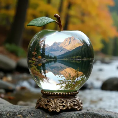 FIRST, Close-up of a beautiful large crystal apple with, [a forest landscape inside], . The apple floats in, [a crystal clear mountain stream], . Inside the apple, [a bright autumn forest at dawn], double exposure, blurred background. Cinematic poster. SECOND, Dreamy, surreal, (double exposure:1.3), (beautiful cup as a portal), (inside, bright sunset over a calm lake surrounded by dense forest and majestic mountains:1.1), (intricate gold details on the cup, bronze base), isolated on white, highly detailed, cinematic lighting. Here are two templates. Experiment. Change what's in brackets to what you need. Do you know how to use the chatbot?
