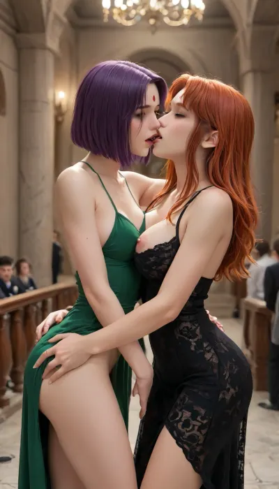 at a high school dance, dressed in super sexy revealing dresses, (no panties, no bra), medium shot, 2girls, intimate, erotic, romantic, embracing, grabbing hips, grabbing breasts, hands underneath dress, fingering vagina, (18yo Raven from Teeen Titans), purple hair, blue skin, forehead crystal, small very pointy breasts, puffy pink areola, (young adult, slender waist, small, narrow hips, slender thighs), huge erect nipples, black lace dress, BREAK, size difference, (18yo Starfire from Teeen Titans), large, red, hair, green, eyes, long legs, widespread conical breasts, round ass, green silk dress, rave12, ohxw, 4ng3l, face, licking, each, other's, tongues, kissing, other, on, the, lips, <lora:1raven-000004:1>, <lora:1star-000004:1>, <lora:SDXL_BetterFaces-LoRA_v1:.8>, <lora:add-detail-xl:.8>, <lora:kissing_v2:.8>