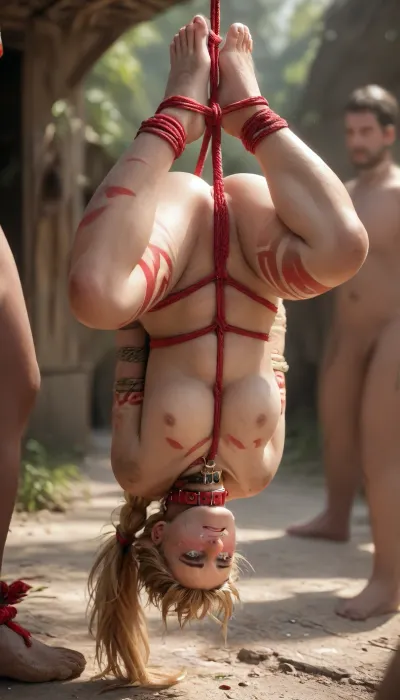 ((Human woman)), (tears running down face:1.1), dirty body, early 40’s, 40 extra pounds, no make-up, face red from blood, (neck and feet collar), ((ankles bound with rope)), ((hanging upside down by neck and ankle collars)), (((tribal man naked))), golden blonde hair in a high ponytail, parted slightly off-center, slightly flyaway hairs, glowing complexion, medium-light skin tone with warm highlights, greenish hazel eyes, high cheek bones with defined cheeks, straight upper lip with a small mouth, subtle eyeliner and natural makeup, slender jawline, hairline slightly dips down at the forehead, delicate nose, even white teeth, slightly bigger chin, short neck to chin gap, turned slightly to the side, looking toward the camera, soft breeze in hair, body is age-appropriate, (thicker arms), deflated breasts, ((boobs flatter where connect to chest and rounder near the nipple)), (prominent stretch marks near nipples), breasts of a lady that has given birth, sagging nipples, ((woman that has given birth appropriate)), heavier midsection, thick ass, (signs of cellulite), golden hour sunlight, beach background, calm ocean, soft warm sunset sky, (photo-realistic), ((youthful and glowing appearance)), veinyonez, chubbyonez, matureonez, <lora:realboobzXL:1.9>, (deep throating sick:1.34)