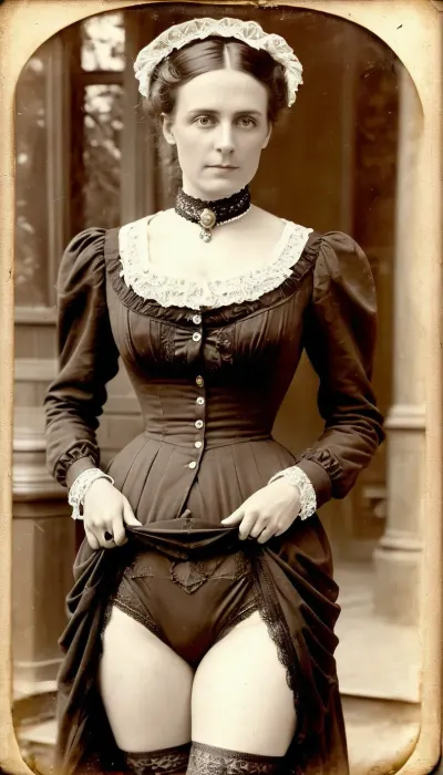 (attractive woman:1.3), (35 years old:1.6), (long dress:1.1), pretty victorian lady, (panties down:1.3), outdoor, ((19th century vintage Victorian photography:1.5), tintype, dry plate, grainy, real, (facing camera:1.2)), (skirtlift:.03), J.C., Leyendecker, Style, page, <lora:skirtlift_xl:.8>, <lora:J.C. Leyendecker Style:.5>