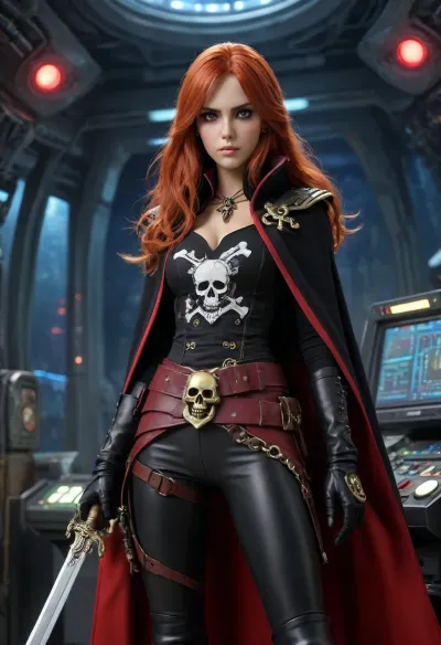 1 girl Esmeraldas, Captain Harlock, Albator, 20 years old, lavender eyes, very long ginger hair, skull hair clip, scar on left cheek, red top, (jolly roger printed on top), double belts on waist, black cloak, red-lined cape, white gloves, tight black trousers, thigh gap, long black boots, long sword in hand, in pirate spaceship, helm, control panels, radar screening, colorful blinking lights, esmeralda, woman, <lora:esmeralda woman 1a:.8>, P1r4t3LuxStyle, <lora:P1r4t3LuxStyleSDXL:.8>, <lora:detailed_notrigger:.8>