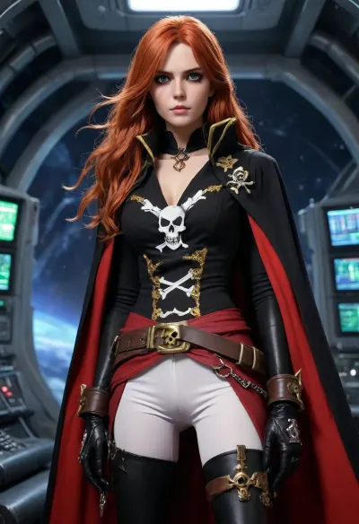 1 girl Esmeraldas, Captain Harlock, Albator, 20 years old, lavender eyes, very long ginger hair, skull hair clip, scar on left cheek, red top, (jolly roger printed on top), double belts on waist, black cloak, red-lined cape, white gloves, tight black trousers, thigh gap, long black boots, long sword in hand, in pirate spaceship, helm, control panels, radar screening, colorful blinking lights, esmeralda, woman, <lora:esmeralda woman 1a:.8>, P1r4t3LuxStyle, <lora:P1r4t3LuxStyleSDXL:.8>, <lora:detailed_notrigger:.8>