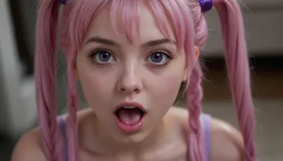 A girl with very long pastel pink twintails and striking purple eyes gazes at the viewer with an innocent yet lewd ahegao expression—tongue out, eyes rolled back, and cheeks flushed. exposed perky breasts with erect nipples. Her tight, virgin pussy is visibly wet, emphasized by glistening details. Explicit NSFW
