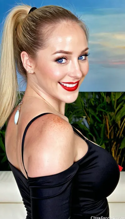 (Detailed photo, masterpiece, high resolution:1.4), side-view of a chubby but fit and beautiful curvy woman, her full body in the photo, she is Estonian, she is 30 years old, she wears a tight and long black concert dress with long sleeves that exposes her curves and large bust, her hair is very long and platinum blonde and healthy, her blonde long hair is brushed neatly back from her forehead and gathered in a very tight ponytail, she turns her head and smiles at you, her jaw is solid and wide, diamond-shape face, her smile makes her eyes squint, blue eyes, smiling dimples, she has red lipstick, perfect teeth visible because of her smile, her skin has small imperfection, she has foundation on her facial skin to cover the imperfections, cute and big warm smile