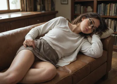 Normal looking college girl, messy brown hair, glasses, short skirt, in the library, asleep on a couch, no panties