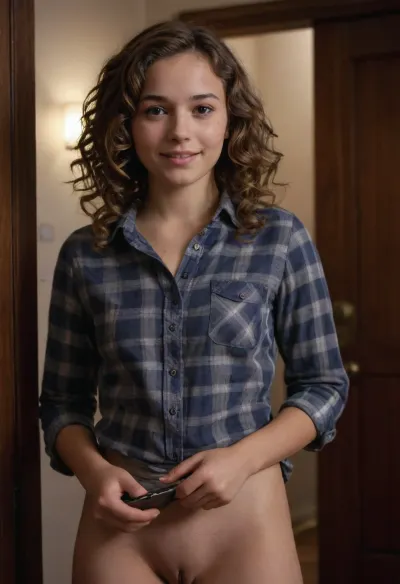 A young adult, light-skinned female, with shoulder-length curly light brown hair, round face, snub-nose, small lips, cross-eyes, smiles warmly, holding a black handheld device. She is wearing a casual button-down light gray and navy plaid shirt, she wears no pants, and no panties, presenting her hairy vagina. A simple gold necklace is visible under the shirt. The girl is standing in a dimly lit indoor space or entryway, positioned slightly to the left of the frame. A dark doorway or wall is behind her, creating a very dark background. The lighting is soft and slightly focused on the subject, highlighting the details of the face, hair, and clothing. The colors are muted, focusing on the warm tones of the skin and the moderate tones of the clothes. The overall impression is friendly and approachable. The image is shot from a slightly low angle, focusing on the subject. A sense of intimacy and quiet interaction is conveyed by the pose and expression. Photorealistic, detailed, cinematic lighting, medium close-up, <lora:XL-WomanBodyV2:1.7>, absolutely, terrifying, <lora:absolutely_terrified:.8>