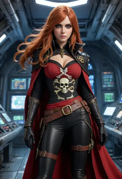 1 girl Esmeraldas, Captain Harlock, Albator, 20 years old, lavender eyes, very long ginger hair, skull hair clip, scar on left cheek, red top, (jolly roger printed on top), double belts on waist, black cloak, red-lined cape, white gloves, tight black trousers, thigh gap, long black boots, long sword in hand, in pirate spaceship, helm, control panels, radar screening, colorful blinking lights, esmeralda, woman, P1r4t3LuxStyle, <lora:esmeralda woman 1a:.8>, <lora:P1r4t3LuxStyleSDXL:.8>, <lora:detailed_notrigger:.8>