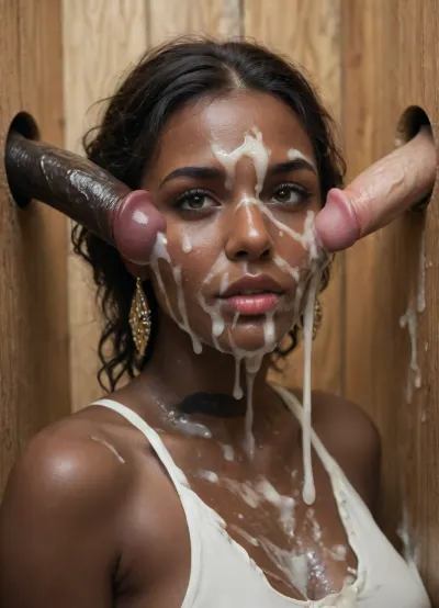 beautiful sexy 20 year old black woman, beautiful face, gangbang gloryhole, (excessive cum on face:1.4), (black skin woman), (excessive cum:1.4)