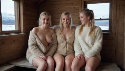 (young european woman and her girlfrind in a old abandoned hut with a small window, smiling, lesbian, busty, clean and soft skin, ((blond pubic hair), (unshaved hairy pussy)), freckles), ((full body view)), full body photo, (Pony tail, sexy, messy hair), norway, Aurora borealis, winter, mountain in the background, fur Dress, fur coat, fireplace, night