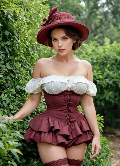 (watercolor), 5, (pastel), high detail, detailed, depth of field, dynamic lighting, masterpiece, detailed_eyes, high_quality, best_quality, high_resolution, (watery_colors), pencil lines, smooth color transitions, vivid_colors, liner, sharp transition, thick bushes, old garden, (female figure in bushes), half hidden by leaves, in old-fashioned dress, full skirt, puffed sleeves, frills and ruffles, burgundy dress, bare shoulders, bare neck, lacing, bonnet hat, dark green hat, brown hair, drill hairstyle, many drills, round face, chubby cheeks, adult, full lips, gray eyes, open forehead, even parting, stands with back to viewer, (huge ass), white bloomers, (bloomers pulled down), bare buttocks, clothes in disarray, skirt hiked up, stockings pulled down, stockings half off, old-fashioned stockings, (stunned), surprised, (adjusting bloomers with hands), disheveled, blushing, plump woman, sexy, caught, (bare ass), off guard