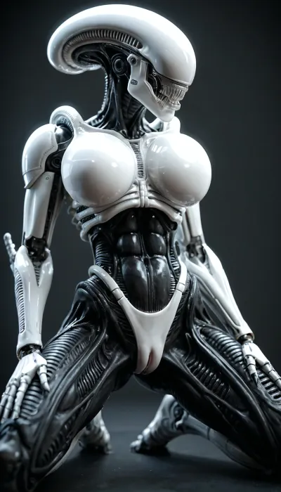 solo Close up of sensual stunning female xenomorph Sensual, erotic, female xenomorph body, female xenomorph exaggeratedly swollen pussy, extreme pussy cameltoe, overflowing female xenomorph pussy, female xenomorph black skin, female xenomorph legs, female xenomorph feet, ((((perfect white robotic hourglass body)))), ((((white robotic face)))), ((((robotic hair)))), ((((super detailed big round white robotic breasts)))), ((((white robotic fullbody))))