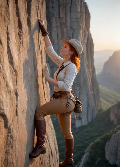 Seen from the side, a woman is abseiling, (alpinism harness attached to a rope hanging from the edge of the cliff), a steep cliff, (covered by prious gems), reaching out to grab a sparkling stone, (diamond, shiny, big), attached to the rock face.
She, a young, (red head, big breast, big ass, slightly smiling), geologist is wearing an adventurer, (safari, fedora hat, beige, brown leather boots), outfit.


Shot during sunset, the shadows create an intense and dramatic atmosphere. The sky is transitioning from blue at zenith to majestic orange and pink at the horizon Solo 1girl, Masterpiece, realism, intricate details, 8K, low angle.