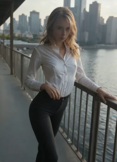 A young woman stands on a bridge, gazing out at a body of water and cityscape on a sunny day.
The scene is composed with the woman centered in the frame, her gaze directed towards the distant horizon. The perspective is from a slightly elevated vantage point, likely from the bridge's railing. The focus is primarily on the woman, with the background elements, including the city and water, diminishing in detail as they recede into the distance. The timing suggests a moment of quiet contemplation or observation. The woman appears to be in her twenties. She has light blonde hair styled in a somewhat tousled fashion. She's wearing a white, long-sleeved button-up shirt with dark pants. Her expression is calm and serene.
The image is a casual snapshot, likely taken with a smartphone or similar device. The lighting is bright and natural, characteristic of outdoor daylight. The colors are vivid but not overly saturated, and the image quality is good. There's no overt artistic style evident.
The setting is an urban area, possibly along a river or harbor. The background reveals buildings of varying heights, including a prominent tall, modern structure. The water appears calm and somewhat grayish-blue. The overall mood is serene and reflective, with the bright sunlight contributing to a feeling of warmth and vibrancy., <lora:badquality_v02:1.6>, <lora:dark:.3>, <lora:sdxl_darkflash_v6-000060:1.4>