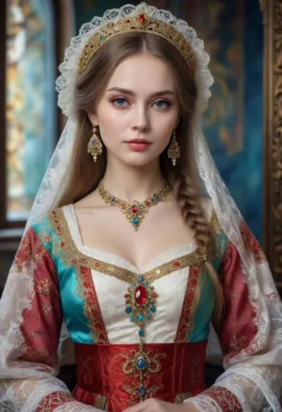 Portrait of a Russian beauty in national costume, lace filigree of bright, rich color. Super clear, highly detailed watercolor, glaze technique, plus colored alcohol ink, style of V. Vasnetsov