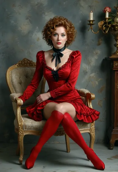 Full body view portrait, (((BODY FACING FRONT, LOOKING FRONT))), russian woman, (50 years old:1.3), (short body:1.3), sitting on a chair, (curly, luxuriant, reddish, hair:1.2), TanRealStockings, gray background, lo, dress, long, layered, choker, bow, sleeves, style, of, Michael, Cheval, <lora:tbh129-sdxl:.8>